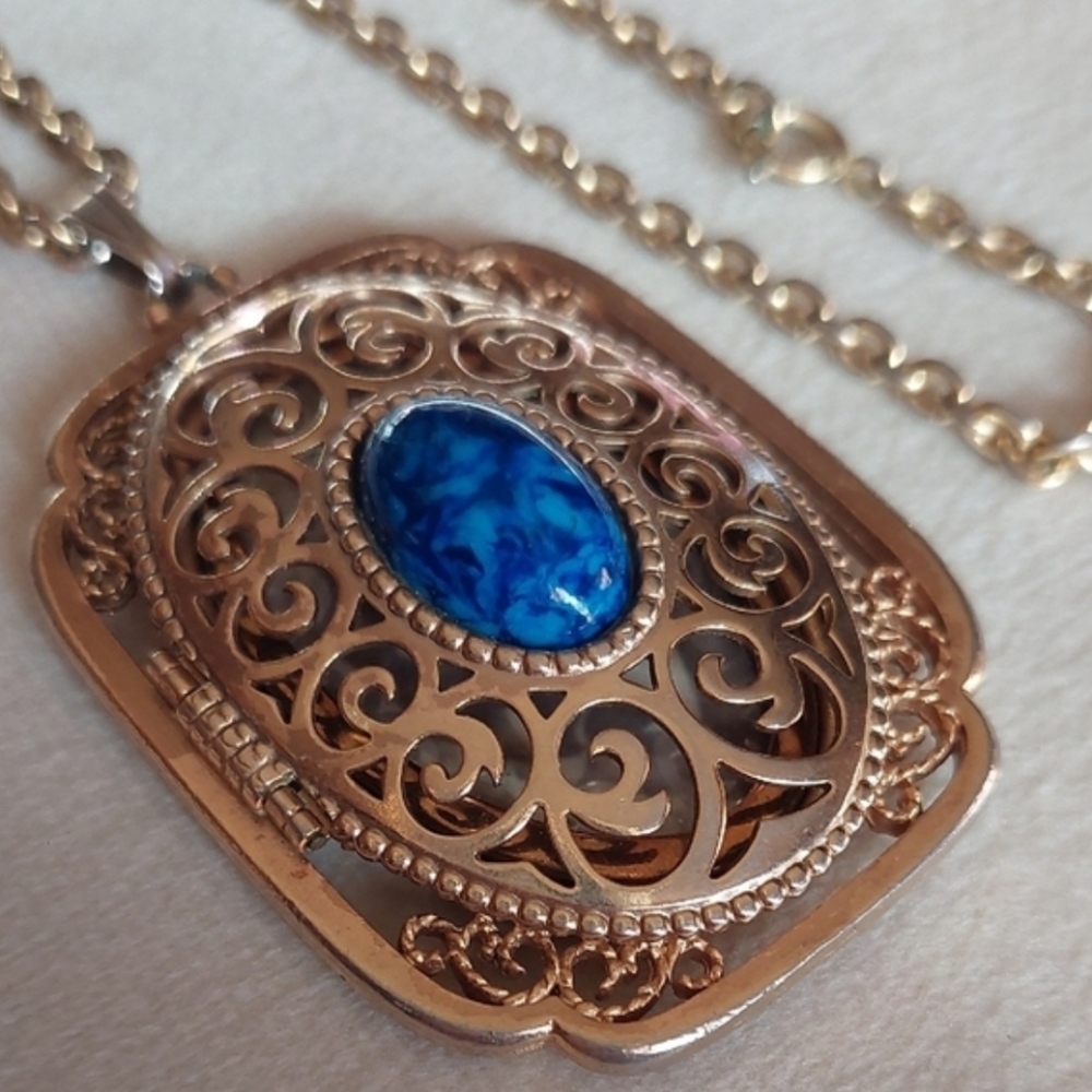 Avon Gold Necklace with Blue Stone Locket